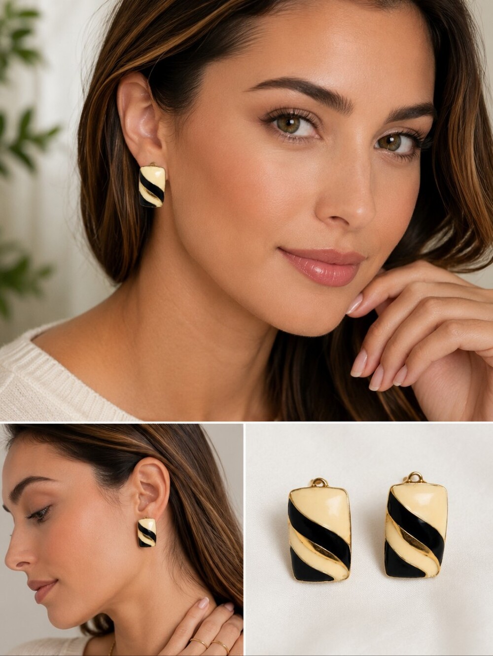Vintage Black Ivory Enamel Clip-On Earrings Geometric Rectangle Gold Tone
